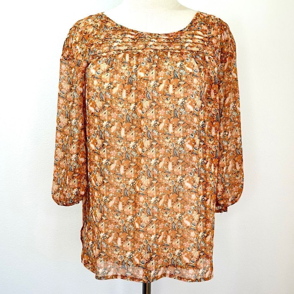 LC Lauren Conrad Sheer Floral Blouse Rust Orange Fall Colors with Pintucking Siz